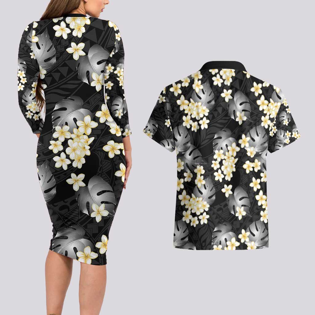 Black Tropical Hawaii Couples Matching Long Sleeve Bodycon Dress and Hawaiian Shirt Seamless Monstera Plumeria Hawaiian Pattern - Polynesian Pride