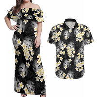 Black Tropical Hawaii Couples Matching Off Shoulder Maxi Dress and Hawaiian Shirt Seamless Monstera Plumeria Hawaiian Pattern - Polynesian Pride