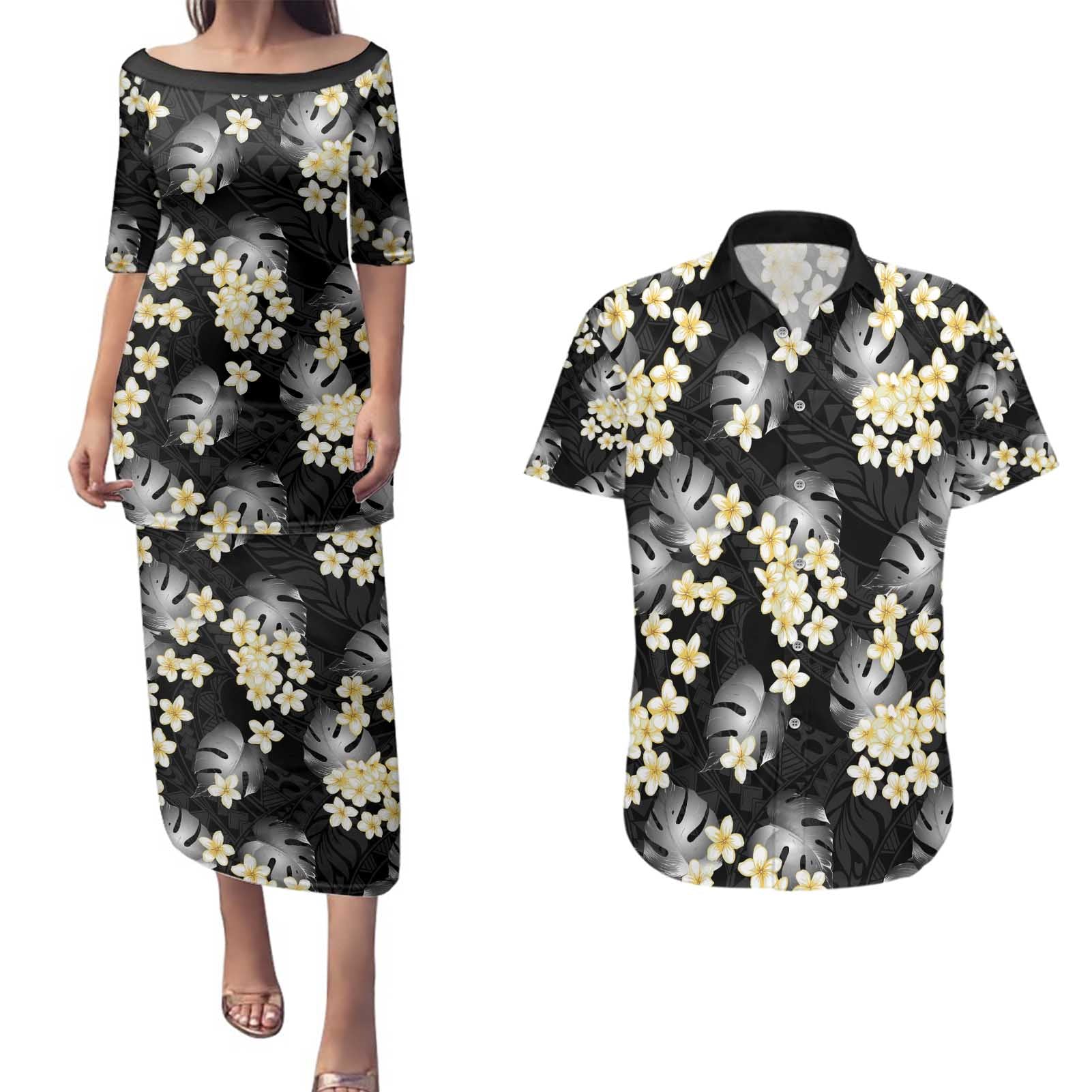 Black Tropical Hawaii Couples Matching Puletasi and Hawaiian Shirt Seamless Monstera Plumeria Hawaiian Pattern - Polynesian Pride