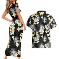 Black Tropical Hawaii Couples Matching Short Sleeve Bodycon Dress and Hawaiian Shirt Seamless Monstera Plumeria Hawaiian Pattern - Polynesian Pride