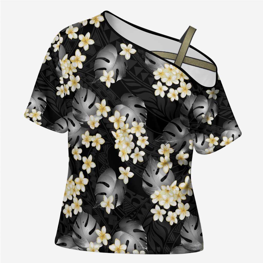 Black Tropical Hawaii Cross Shoulder Shirt Seamless Monstera Plumeria Hawaiian Pattern LT14 Female Black - Polynesian Pride