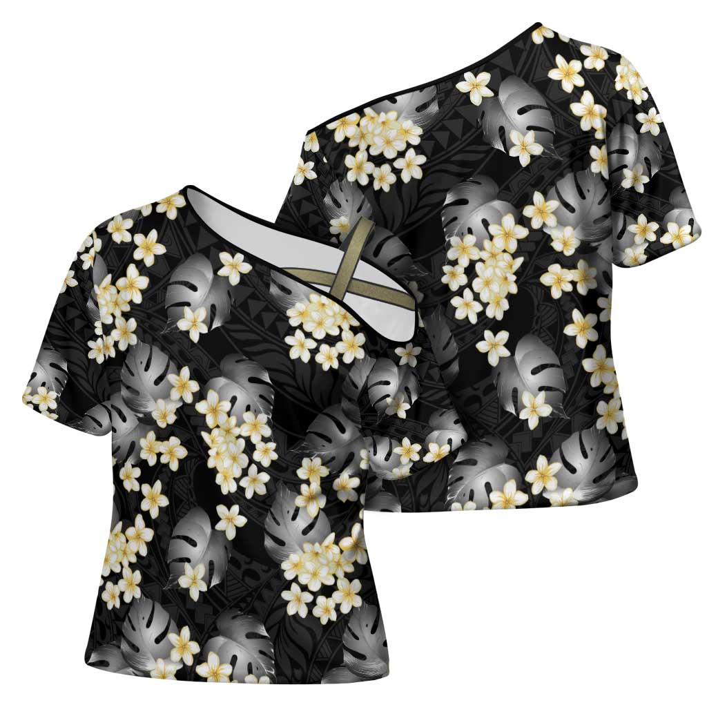 Black Tropical Hawaii Cross Shoulder Shirt Seamless Monstera Plumeria Hawaiian Pattern LT14 - Polynesian Pride