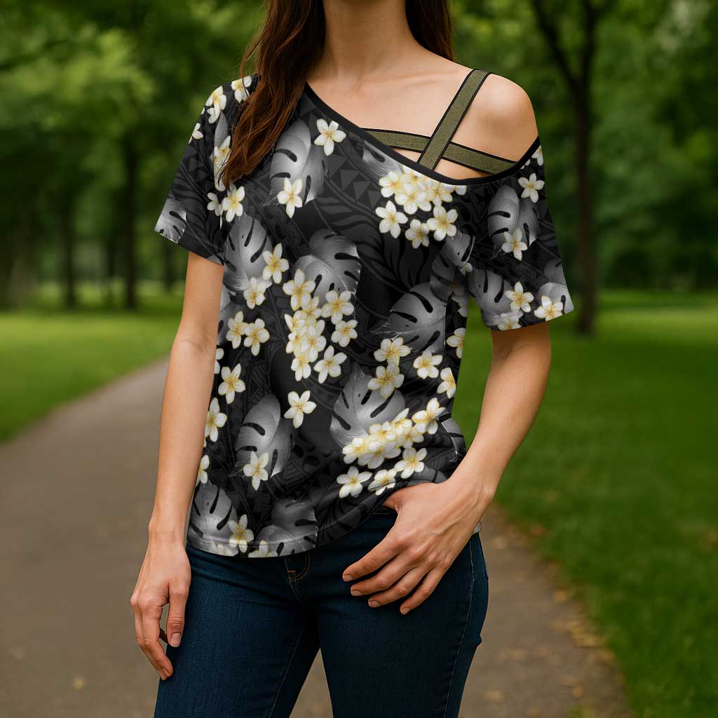 Black Tropical Hawaii Cross Shoulder Shirt Seamless Monstera Plumeria Hawaiian Pattern LT14 - Polynesian Pride