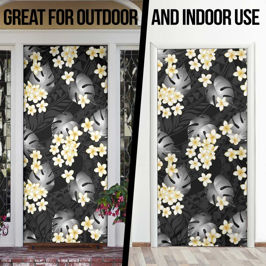 Black Tropical Hawaii Door Cover Seamless Monstera Plumeria Hawaiian Pattern - Polynesian Pride