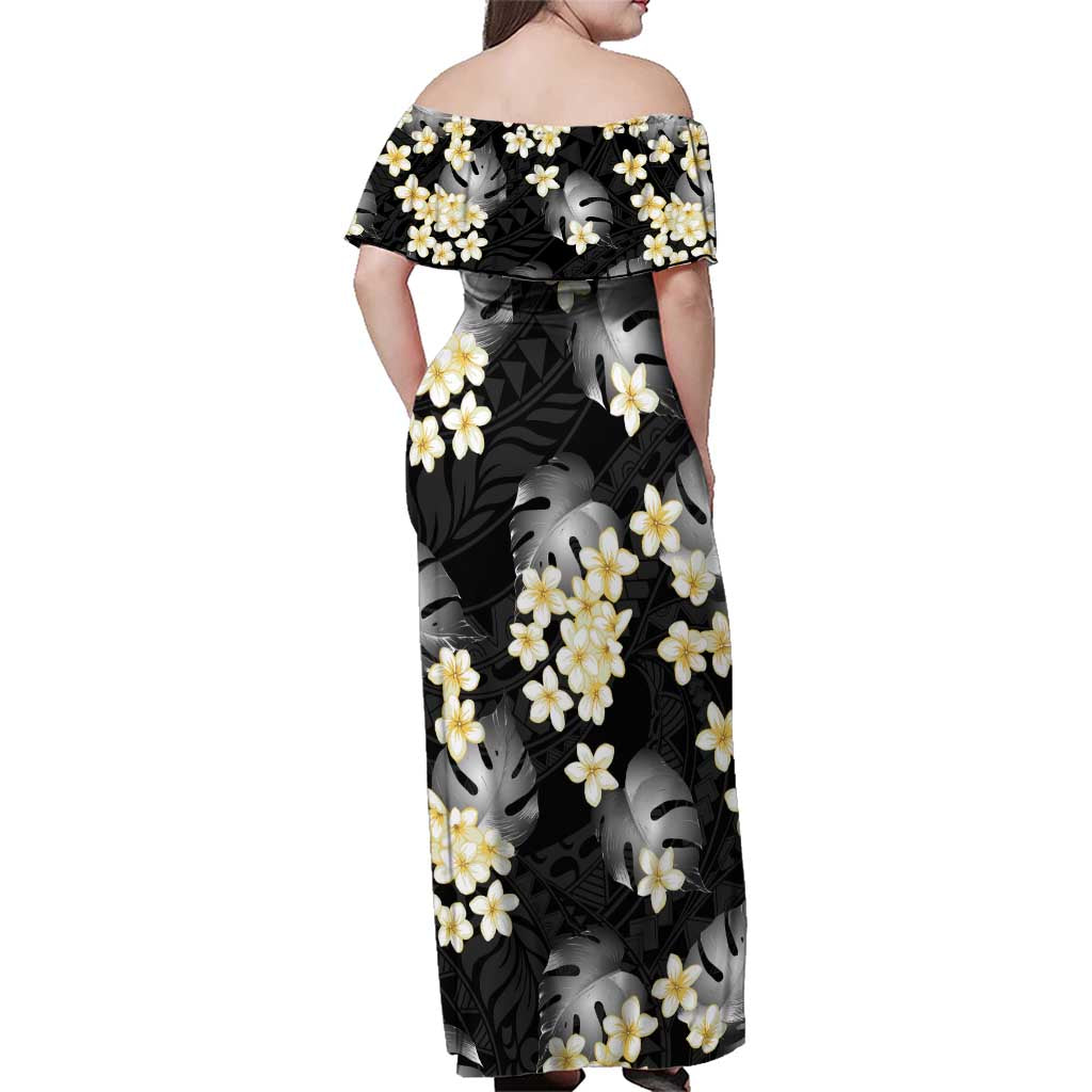 Black Tropical Hawaii Family Matching Off Shoulder Maxi Dress and Hawaiian Shirt Seamless Monstera Plumeria Hawaiian Pattern - Polynesian Pride