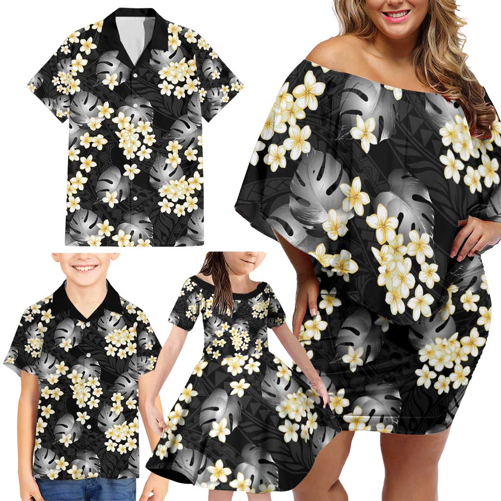 Black Tropical Hawaii Family Matching Off Shoulder Short Dress and Hawaiian Shirt Seamless Monstera Plumeria Hawaiian Pattern - Polynesian Pride