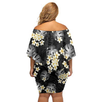 Black Tropical Hawaii Family Matching Off Shoulder Short Dress and Hawaiian Shirt Seamless Monstera Plumeria Hawaiian Pattern - Polynesian Pride