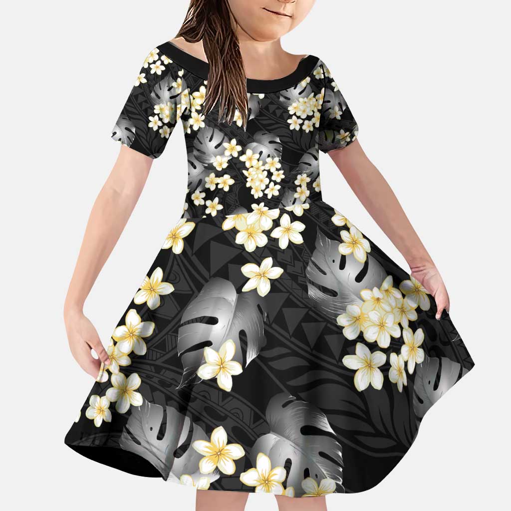 Black Tropical Hawaii Family Matching Puletasi and Hawaiian Shirt Seamless Monstera Plumeria Hawaiian Pattern LT14 Daughter's Dress Black - Polynesian Pride