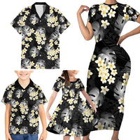 Black Tropical Hawaii Family Matching Short Sleeve Bodycon Dress and Hawaiian Shirt Seamless Monstera Plumeria Hawaiian Pattern - Polynesian Pride