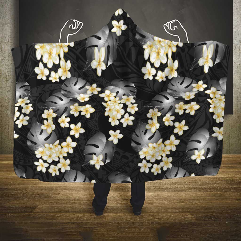 Black Tropical Hawaii Hooded Blanket Seamless Monstera Plumeria Hawaiian Pattern LT14 - Polynesian Pride