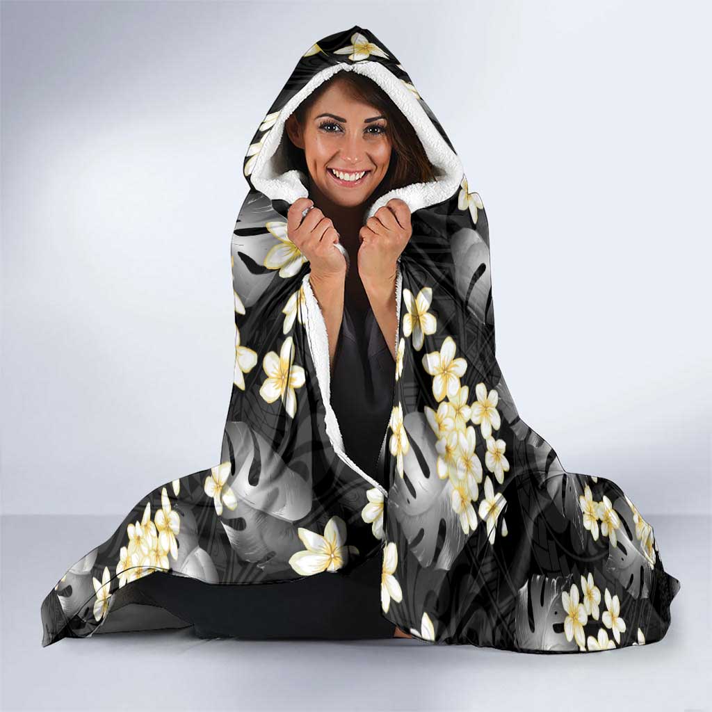 Black Tropical Hawaii Hooded Blanket Seamless Monstera Plumeria Hawaiian Pattern LT14 - Polynesian Pride