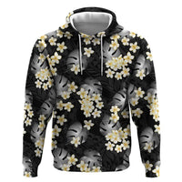 Black Tropical Hawaii Hoodie Seamless Monstera Plumeria Hawaiian Pattern - Polynesian Pride