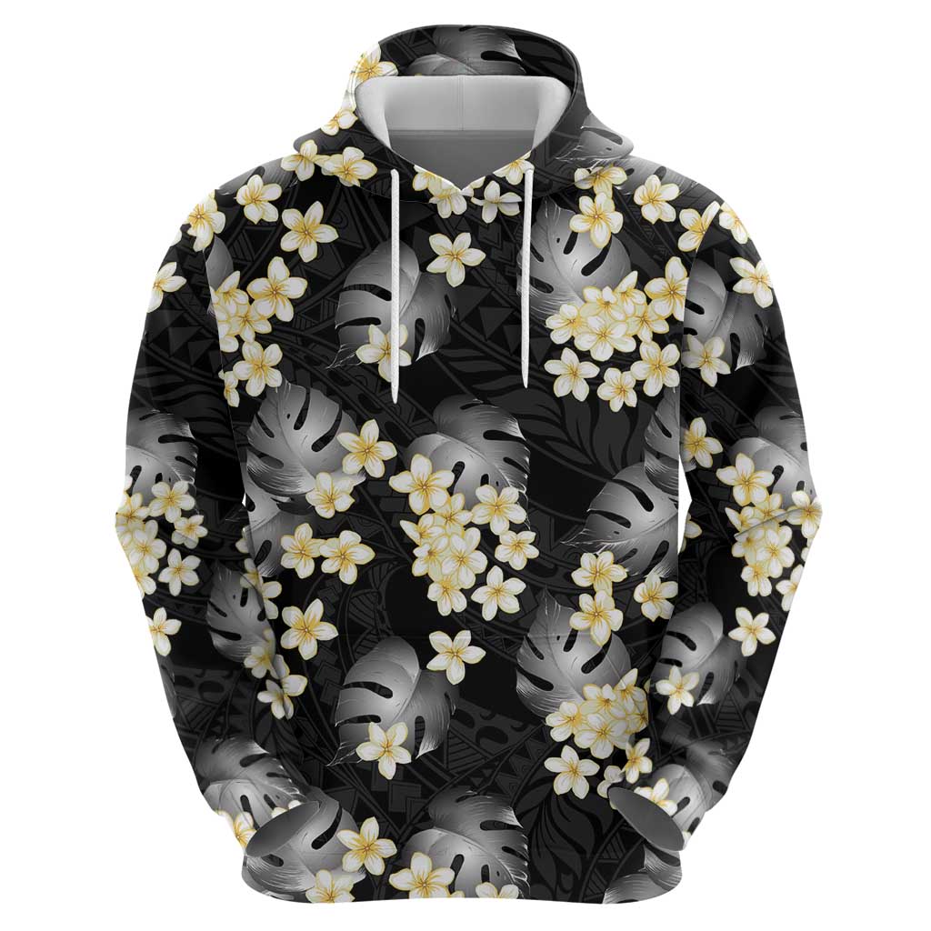 Black Tropical Hawaii Hoodie Seamless Monstera Plumeria Hawaiian Pattern - Polynesian Pride