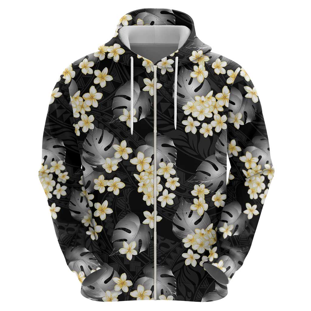 Black Tropical Hawaii Hoodie Seamless Monstera Plumeria Hawaiian Pattern - Polynesian Pride