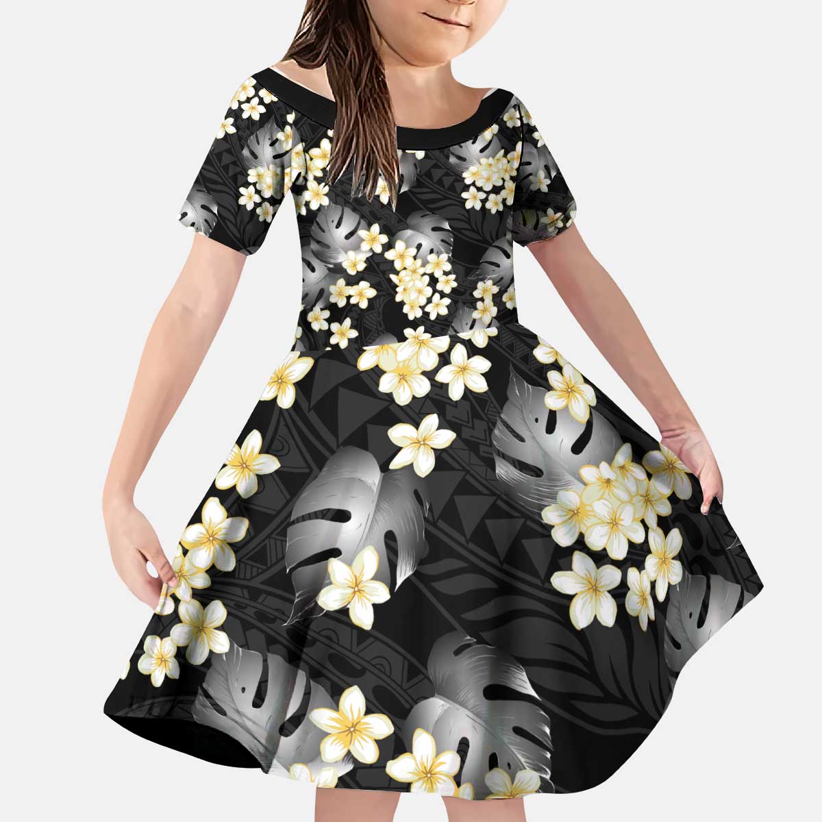 Black Tropical Hawaii Kid Short Sleeve Dress Seamless Monstera Plumeria Hawaiian Pattern - Polynesian Pride