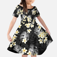 Black Tropical Hawaii Kid Short Sleeve Dress Seamless Monstera Plumeria Hawaiian Pattern - Polynesian Pride