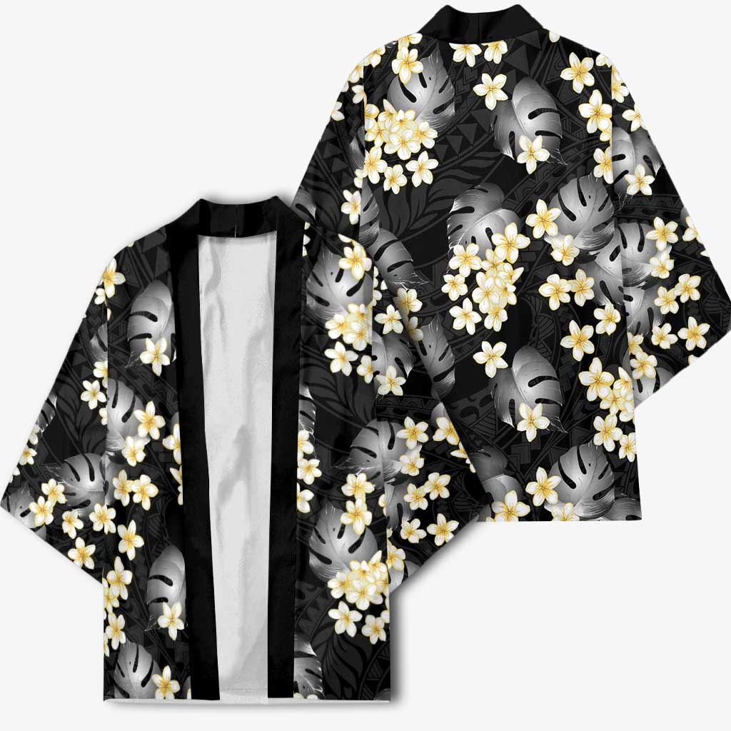 Black Tropical Hawaii Kimono Seamless Monstera Plumeria Hawaiian Pattern LT14 - Polynesian Pride