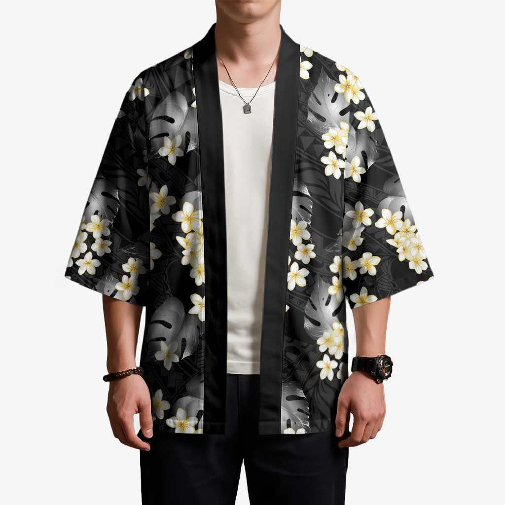 Black Tropical Hawaii Kimono Seamless Monstera Plumeria Hawaiian Pattern LT14 - Polynesian Pride