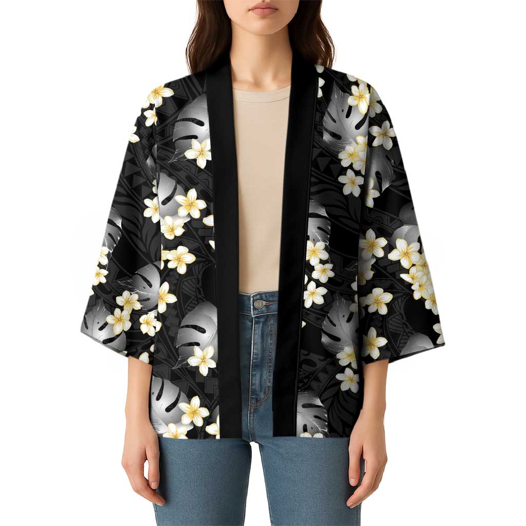 Black Tropical Hawaii Kimono Seamless Monstera Plumeria Hawaiian Pattern LT14 - Polynesian Pride