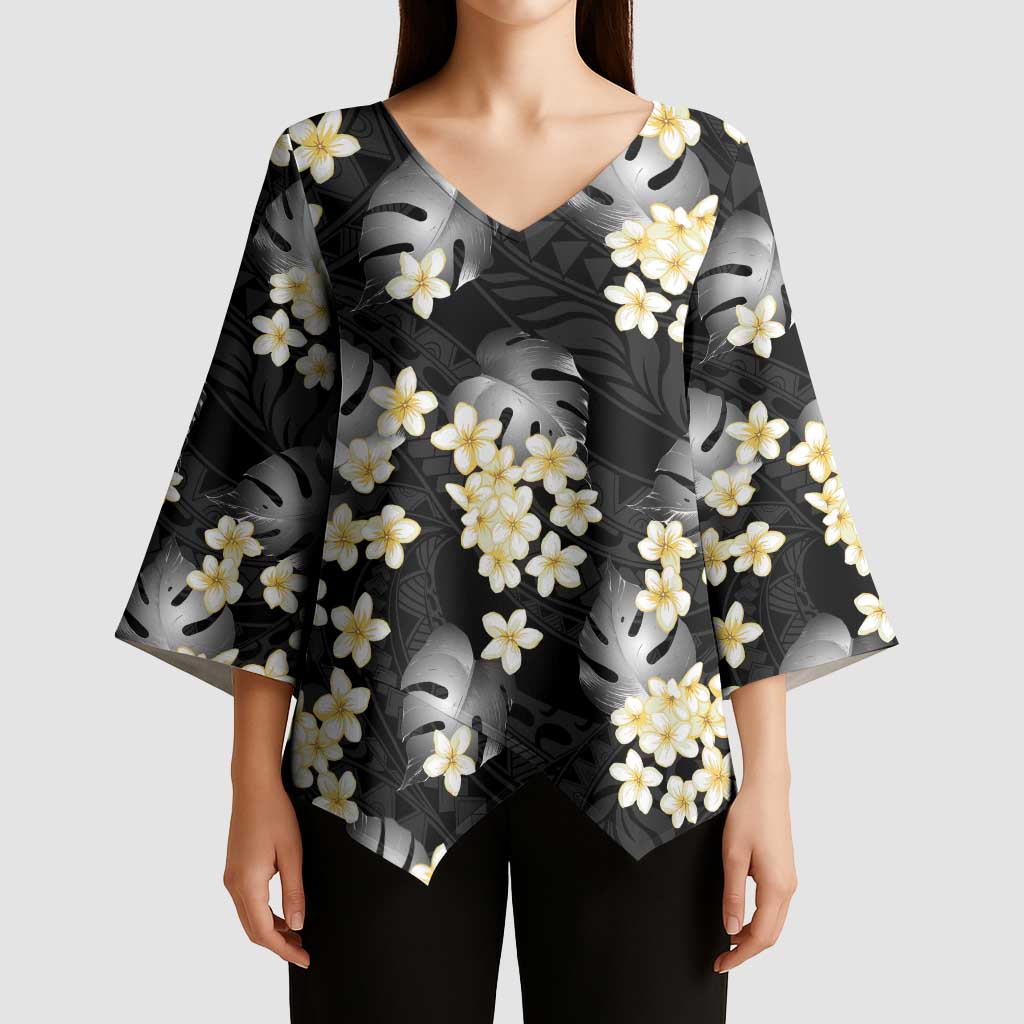 Black Tropical Hawaii Kimono Sleeve Blouse Seamless Monstera Plumeria Hawaiian Pattern - Polynesian Pride