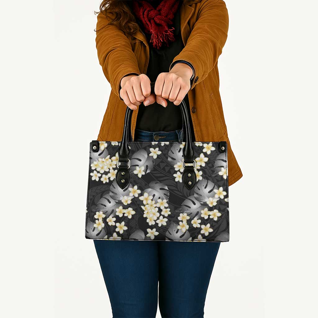 Black Tropical Hawaii Leather Bag Seamless Monstera Plumeria Hawaiian Pattern - Polynesian Pride