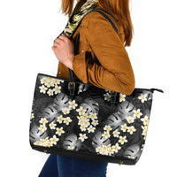 Black Tropical Hawaii Leather Tote Bag Seamless Monstera Plumeria Hawaiian Pattern LT14 Black - Polynesian Pride