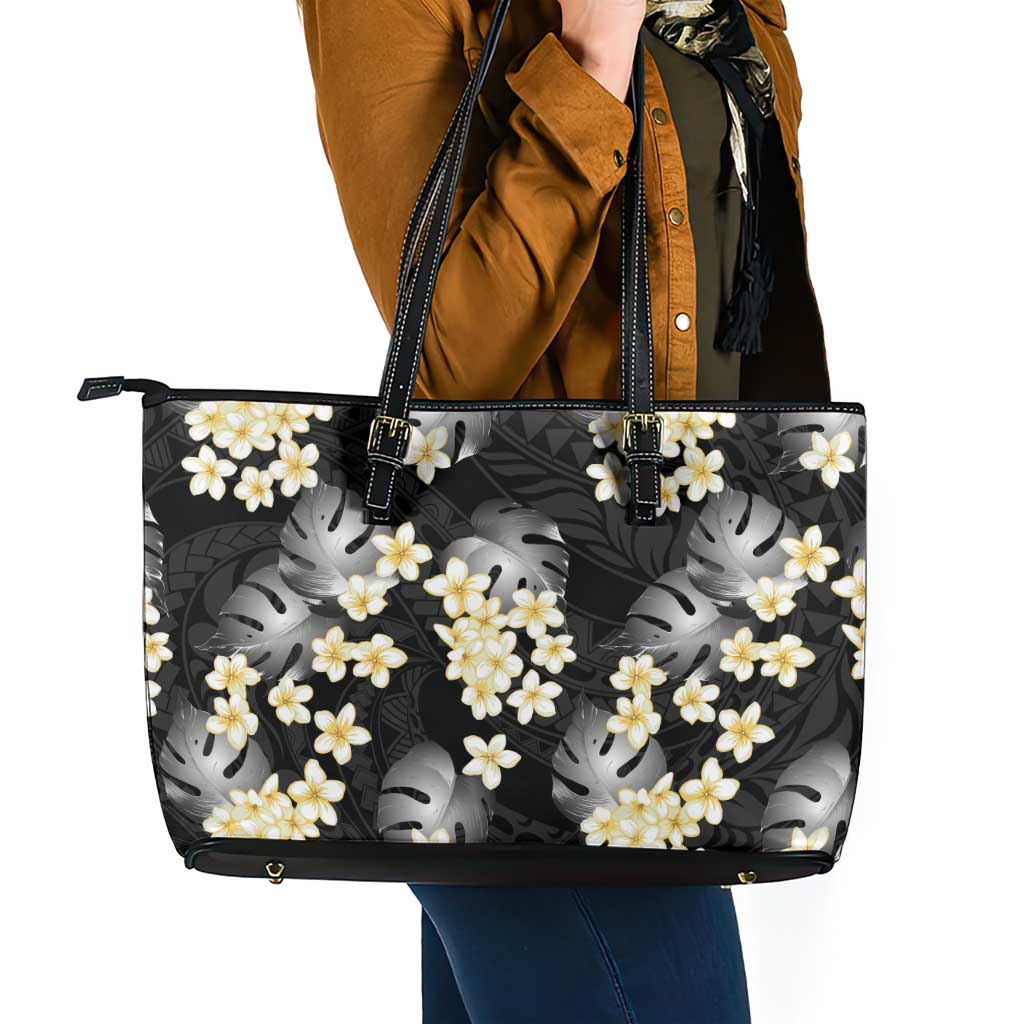 Black Tropical Hawaii Leather Tote Bag Seamless Monstera Plumeria Hawaiian Pattern LT14 - Polynesian Pride