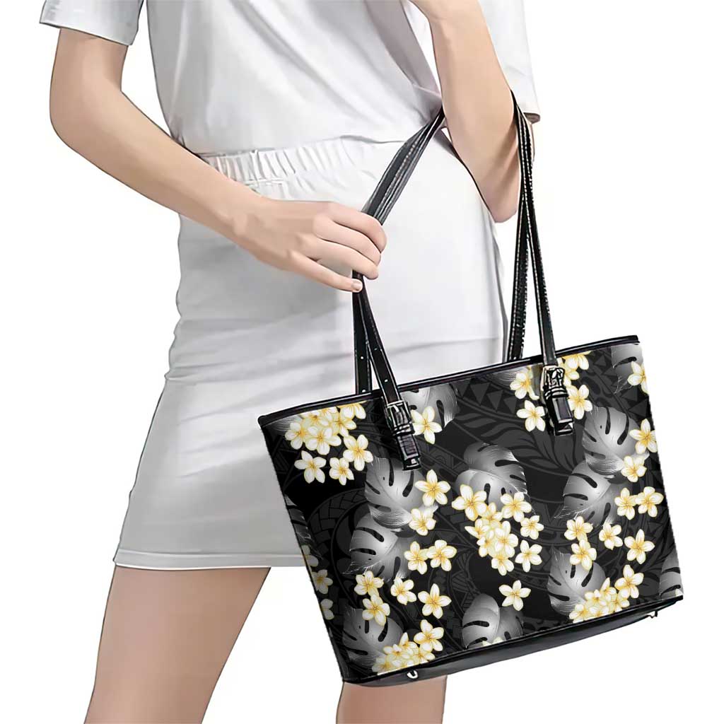 Black Tropical Hawaii Leather Tote Bag Seamless Monstera Plumeria Hawaiian Pattern LT14 - Polynesian Pride