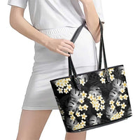 Black Tropical Hawaii Leather Tote Bag Seamless Monstera Plumeria Hawaiian Pattern LT14 - Polynesian Pride