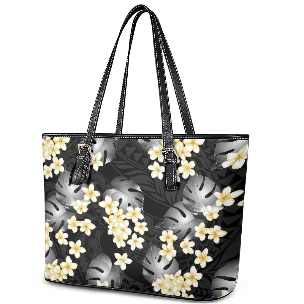 Black Tropical Hawaii Leather Tote Bag Seamless Monstera Plumeria Hawaiian Pattern LT14 - Polynesian Pride