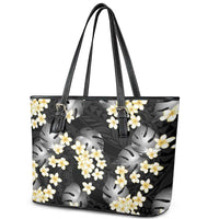 Black Tropical Hawaii Leather Tote Bag Seamless Monstera Plumeria Hawaiian Pattern LT14 - Polynesian Pride