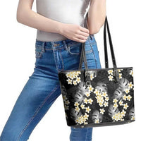 Black Tropical Hawaii Leather Tote Bag Seamless Monstera Plumeria Hawaiian Pattern LT14 - Polynesian Pride