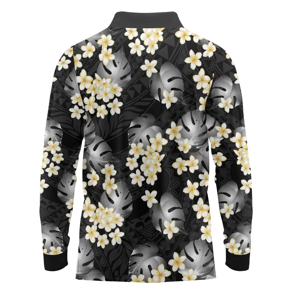 Black Tropical Hawaii Long Sleeve Polo Shirt Seamless Monstera Plumeria Hawaiian Pattern - Polynesian Pride