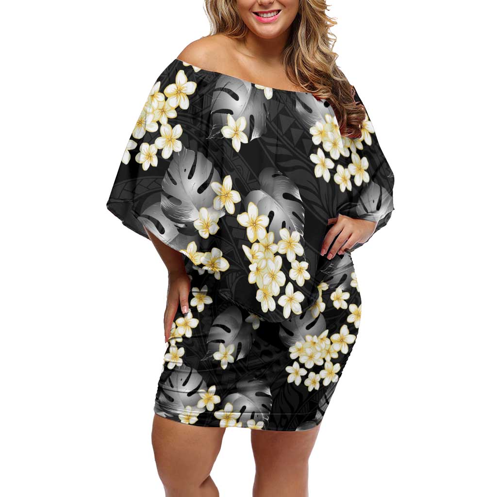 Black Tropical Hawaii Off Shoulder Short Dress Seamless Monstera Plumeria Hawaiian Pattern - Polynesian Pride
