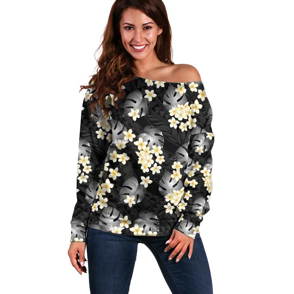 Black Tropical Hawaii Off Shoulder Sweater Seamless Monstera Plumeria Hawaiian Pattern - Polynesian Pride