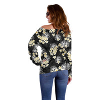 Black Tropical Hawaii Off Shoulder Sweater Seamless Monstera Plumeria Hawaiian Pattern LT14 - Polynesian Pride