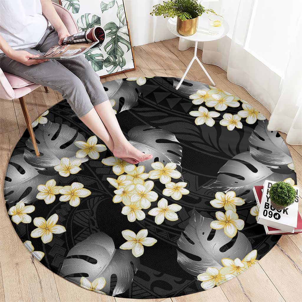 Black Tropical Hawaii Round Carpet Seamless Monstera Plumeria Hawaiian Pattern LT14 - Polynesian Pride
