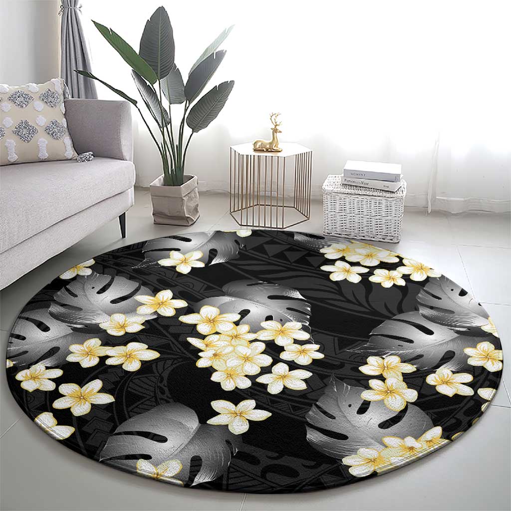 Black Tropical Hawaii Round Carpet Seamless Monstera Plumeria Hawaiian Pattern LT14 - Polynesian Pride