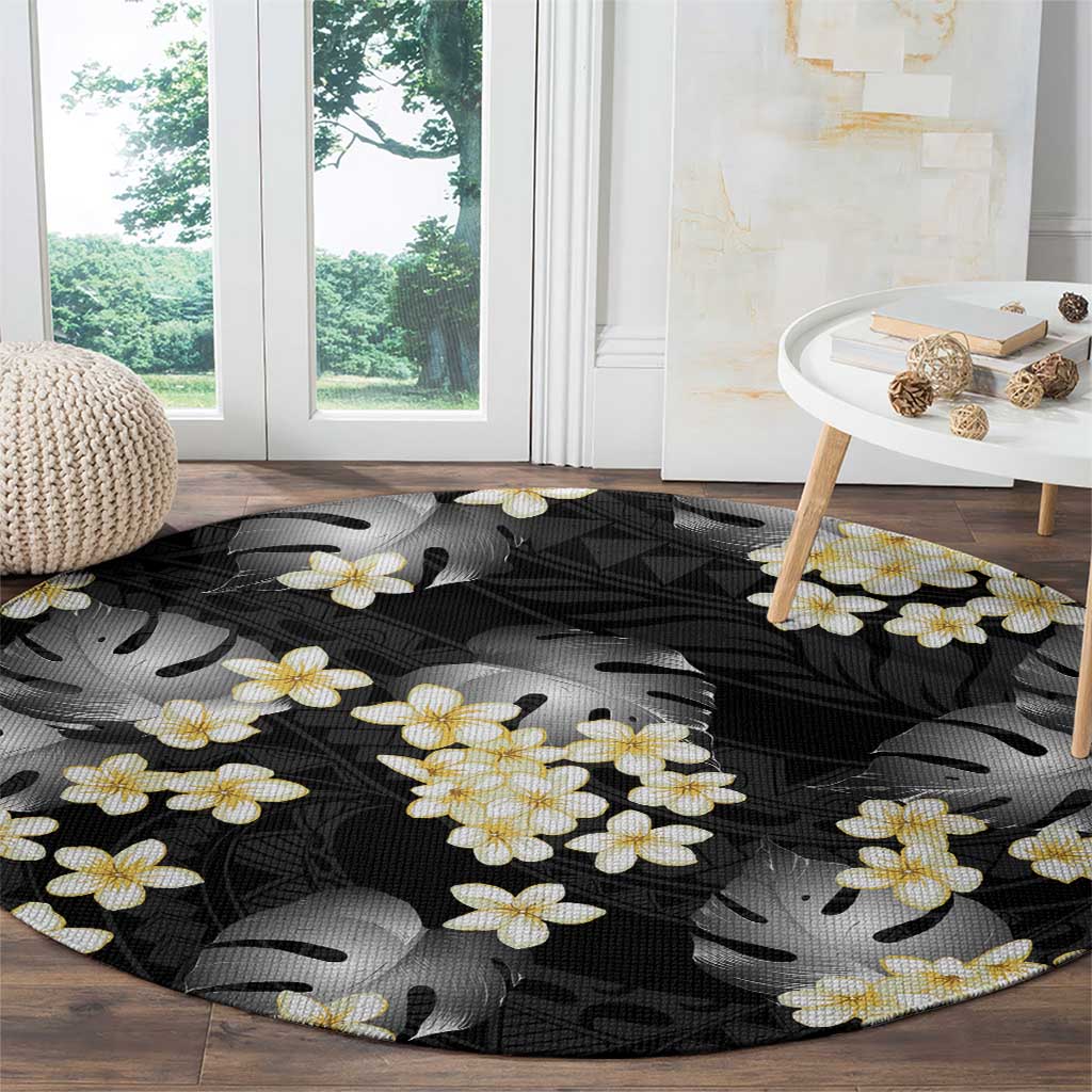 Black Tropical Hawaii Round Carpet Seamless Monstera Plumeria Hawaiian Pattern LT14 - Polynesian Pride