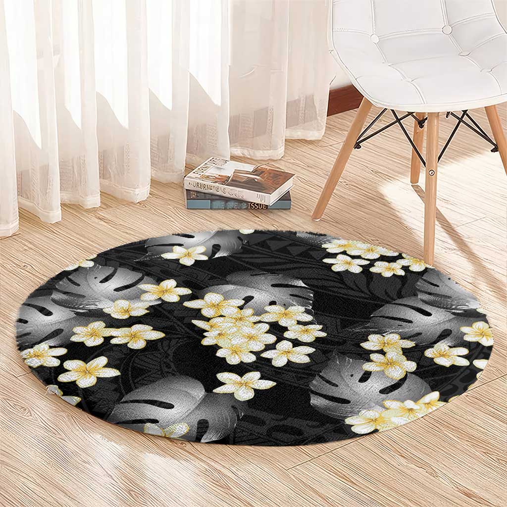 Black Tropical Hawaii Round Carpet Seamless Monstera Plumeria Hawaiian Pattern LT14 - Polynesian Pride