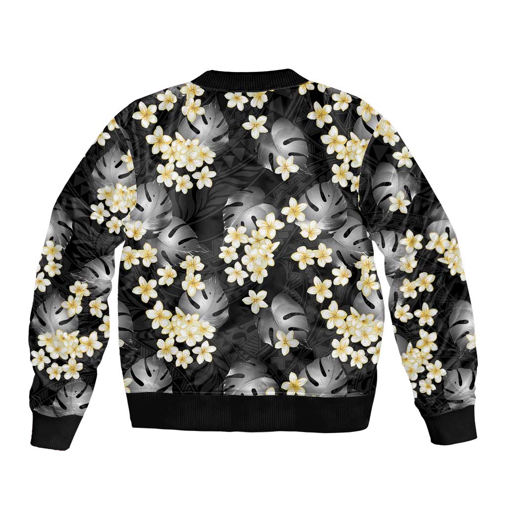 Black Tropical Hawaii Sleeve Zip Bomber Jacket Seamless Monstera Plumeria Hawaiian Pattern LT14 - Polynesian Pride