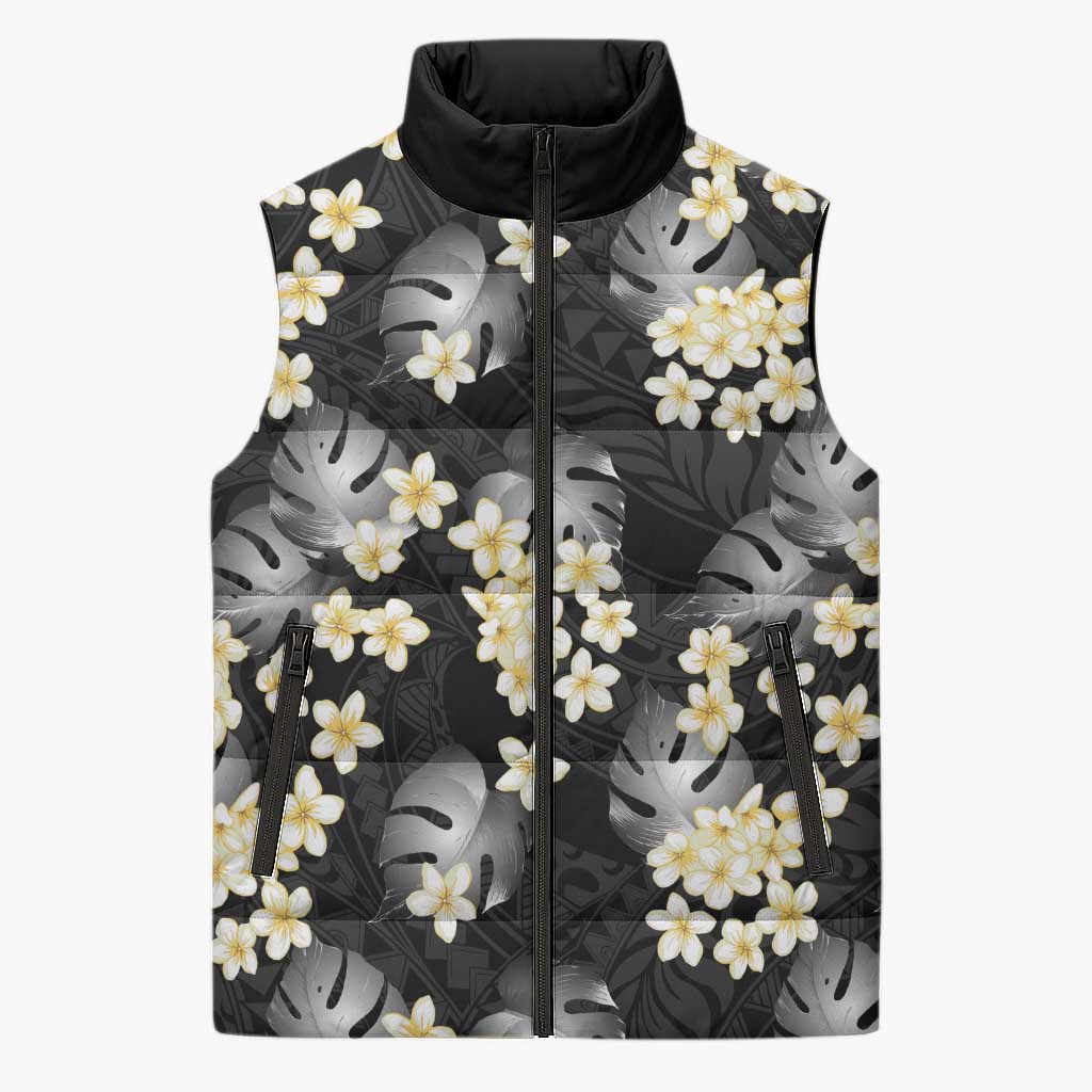 Black Tropical Hawaii Sleeveless Puffer Jacket Seamless Monstera Plumeria Hawaiian Pattern LT14 Unisex Black - Polynesian Pride