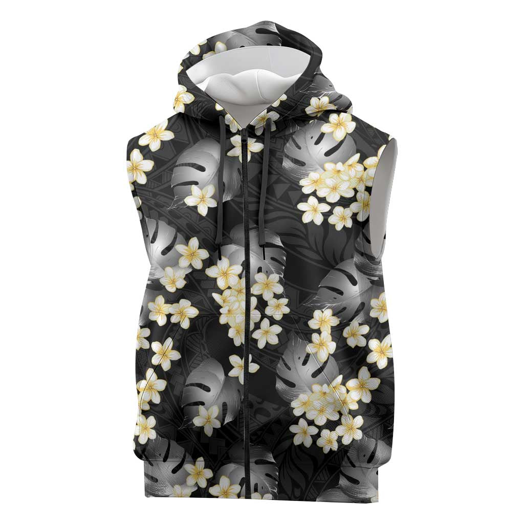 Black Tropical Hawaii Sleeveless Zip Hoodie Seamless Monstera Plumeria Hawaiian Pattern - Polynesian Pride