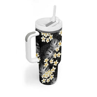 Black Tropical Hawaii Tumbler With Handle Seamless Monstera Plumeria Hawaiian Pattern - Polynesian Pride