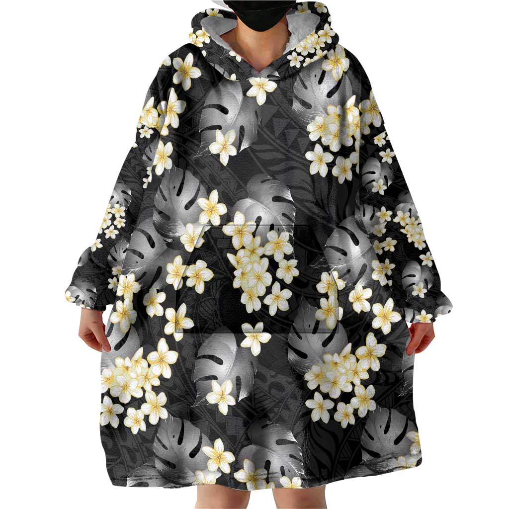 Black Tropical Hawaii Wearable Blanket Hoodie Seamless Monstera Plumeria Hawaiian Pattern - Polynesian Pride
