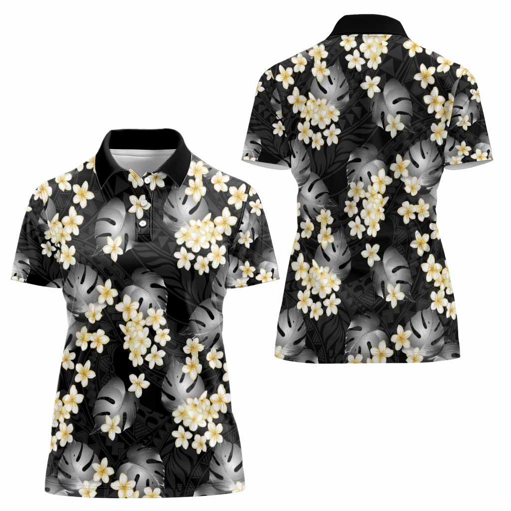 Black Tropical Hawaii Women Polo Shirt Seamless Monstera Plumeria Hawaiian Pattern - Polynesian Pride
