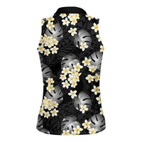 Black Tropical Hawaii Women Sleeveless Polo Shirt Seamless Monstera Plumeria Hawaiian Pattern LT14 - Polynesian Pride