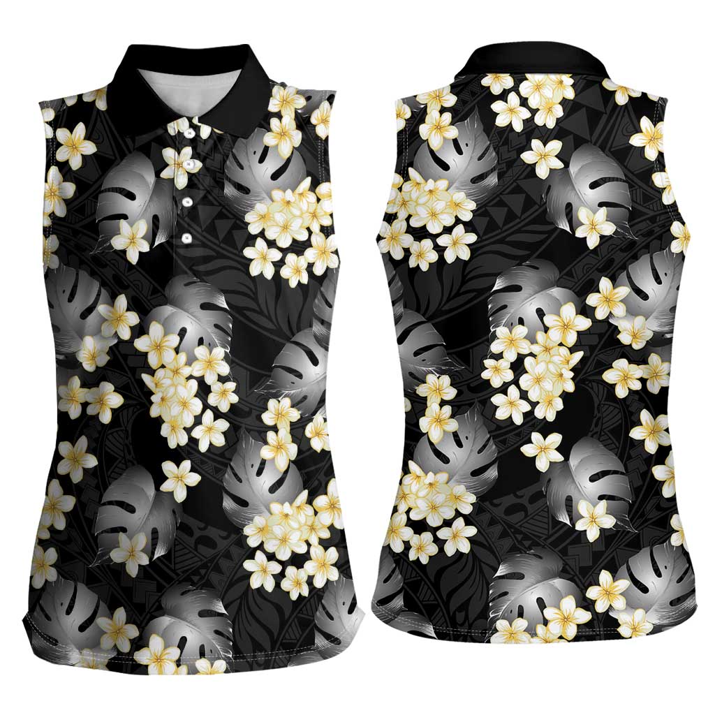Black Tropical Hawaii Women Sleeveless Polo Shirt Seamless Monstera Plumeria Hawaiian Pattern LT14 - Polynesian Pride