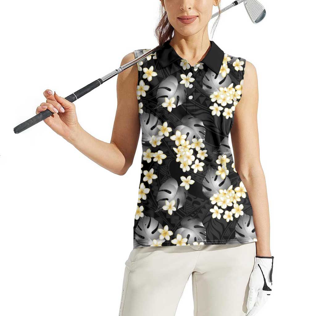 Black Tropical Hawaii Women Sleeveless Polo Shirt Seamless Monstera Plumeria Hawaiian Pattern LT14 - Polynesian Pride