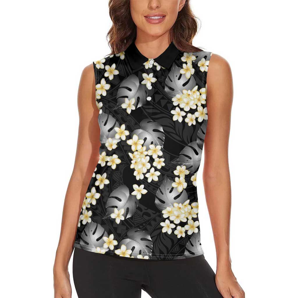 Black Tropical Hawaii Women Sleeveless Polo Shirt Seamless Monstera Plumeria Hawaiian Pattern LT14 - Polynesian Pride